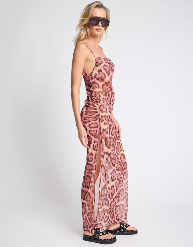 ONE TEASPOON - Rhiannon Ruched Long Slip Maxi Dress - Pink Leopard