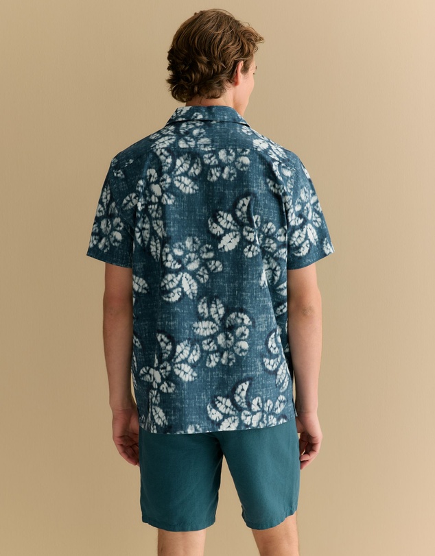 Trenery - Cotton Blend Washed Floral Short Sleeve Shirt in Deep Sea Green