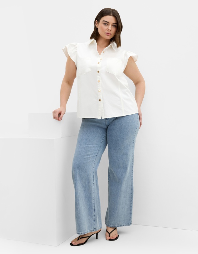 City Chic - Plus size Kelise Flutter Sleeve Cotton Shirt - ivory