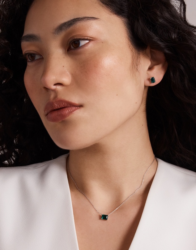 Michael Hill - Emerald Cut Green Created Emerald Gemstone Stud Earrings and Pendant Necklace Set in Sterling Silver