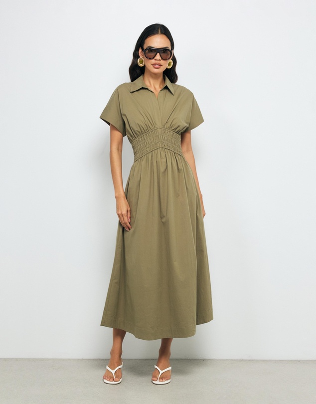 AERE - Carmine Shirred Waist Shirt Dress