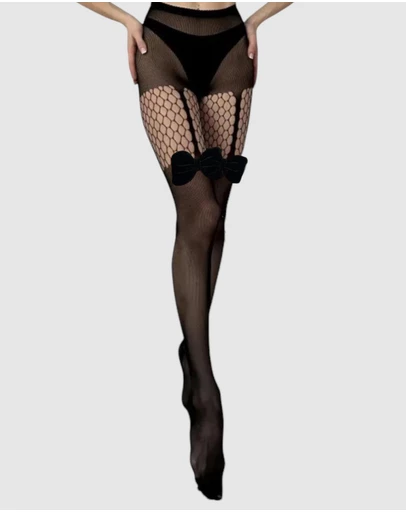 High Heel Jungle - Velvet Bow Mock Suspender Tight