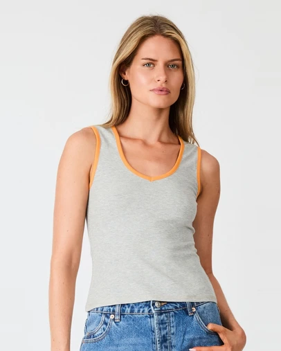 Rolla's - V-Neck Ringer Tank - Grey Marle & Orange