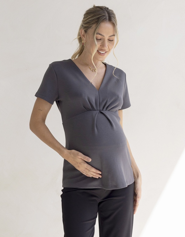 Angel Maternity - Sabine Soft Ponte Maternity V-Neck Work Top in Dark Grey