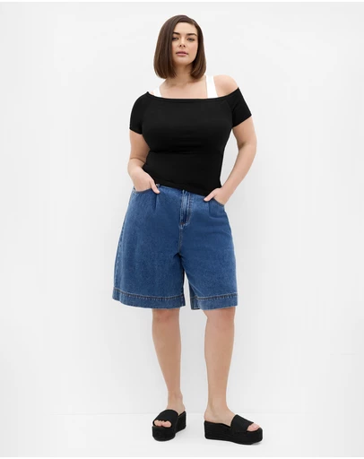 City Chic - Plus size Off Shoulder Double Layer Top - black