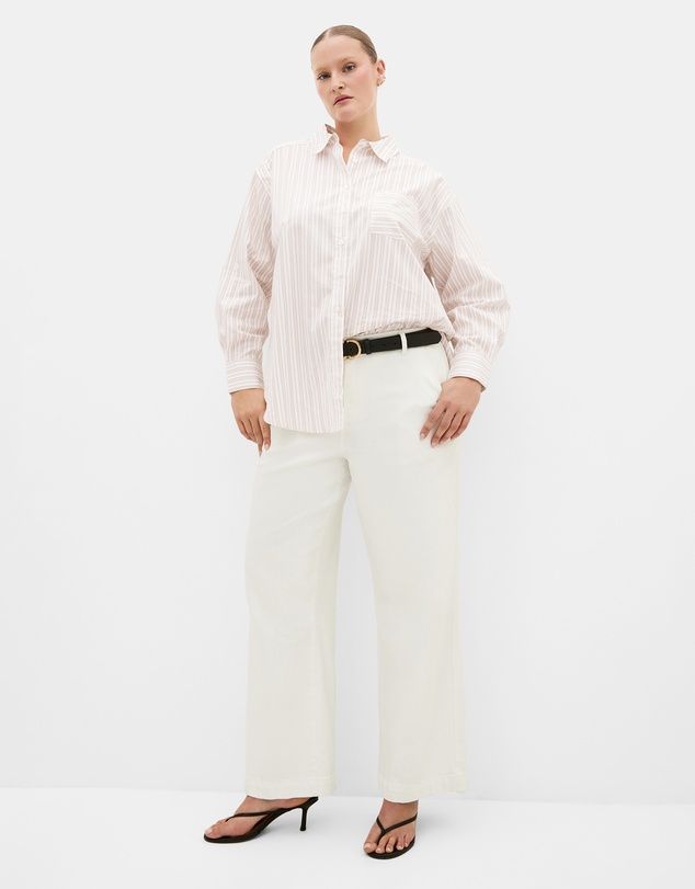 City Chic - Plus size Chiara Oversized Longline Stripe Cotton Shirt - taupe
