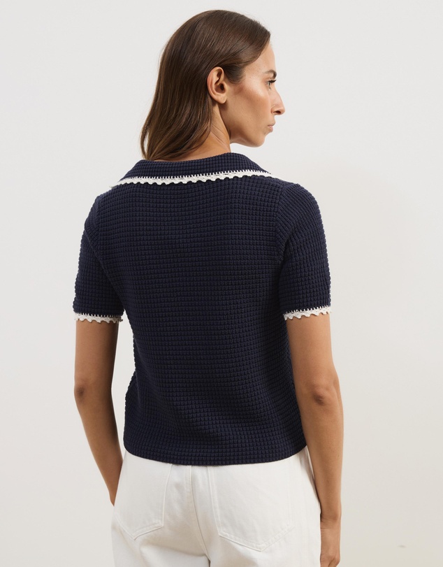 Atmos&Here - Issa Short Sleeve V-Neck Knit Polo with Contrast Trim