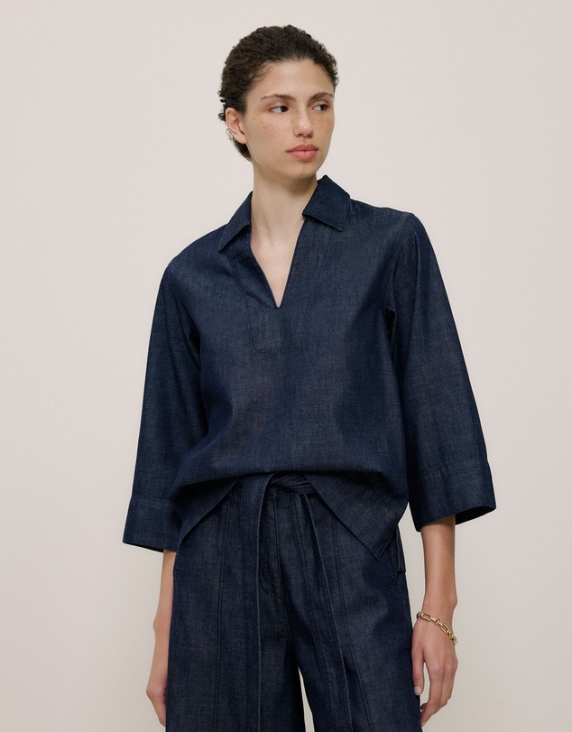 Trenery - Soft Denim Collared Popover in Rinse Wash