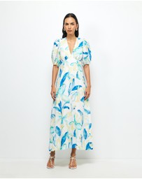 AERE - Kira Puff Sleeve Linen Midi Dress