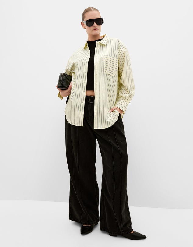 City Chic - Plus size Chiara Oversized Longline Stripe Cotton Shirt - yellow
