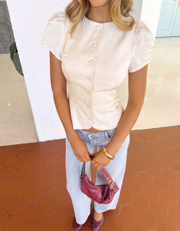 Beginning Boutique - Amelina Cream Button Up Organza Top