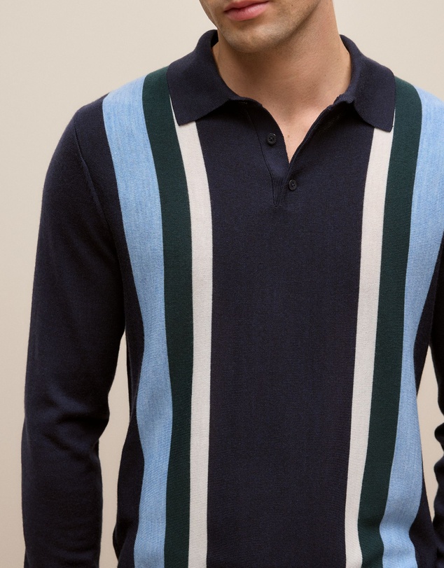 Trenery - Merino Graphic Stripe Long Sleeve Polo in Navy