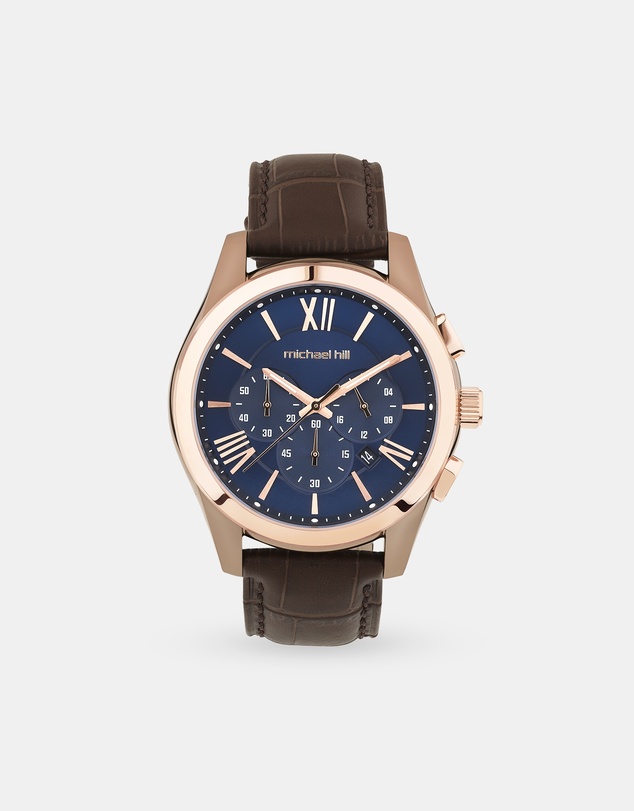 Michael Hill - Men's Chronograph Watch in Brown Tone Stainless Steel and Brown Leather