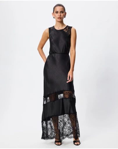 Tussah - Margot Lace Trim Cut Out Satin Maxi Dress