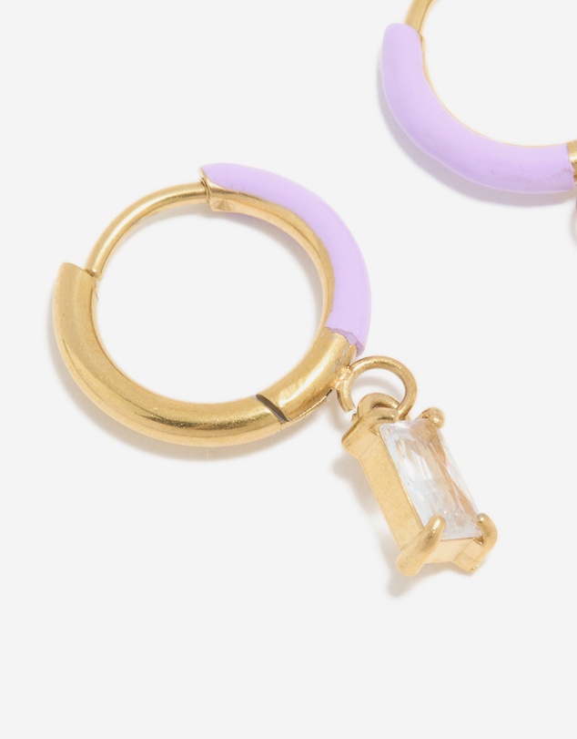 Lovisa - Waterproof Gold Plated Stainless Steel Purple Enamel Cubic Zirconia Charm Huggie Earrings