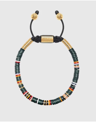 Nialaya Jewellery - Men's Beaded Bracelet with Dark Green and Gold Disc Beads
