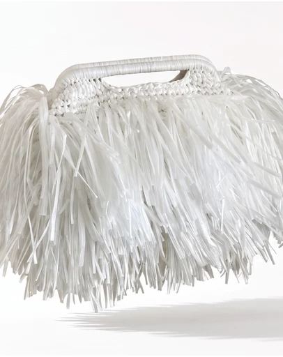 Izoa - Izoa Bridgett Tassel Clutch White Hand-Woven Crochet Fringe Bag with Handle