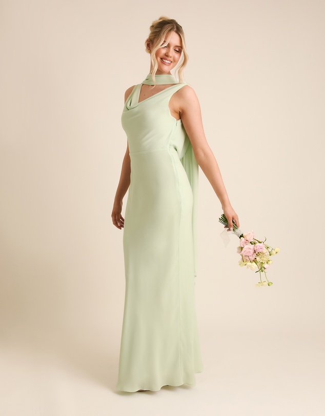 Six Stories - Plunge Cowl Front Chiffon Bridesmaid Dress with Neck Scarf