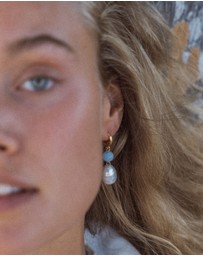 Ottoman Hands - Dawn Blue Chalcedony and Pearl Drop Huggie Earrings