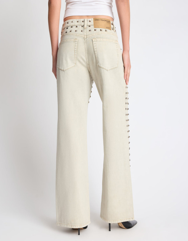 ONE TEASPOON - Jackson Mid Waist Wide Leg Studded Denim Jeans - Antique Khaki