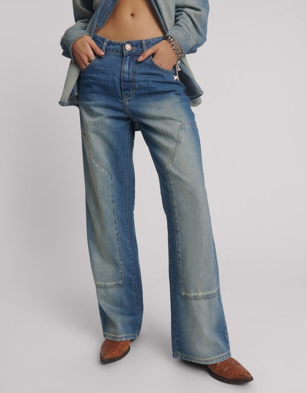 ONE TEASPOON - Jackson Mid Waist Wide Leg Denim Jeans - Blue Ranch