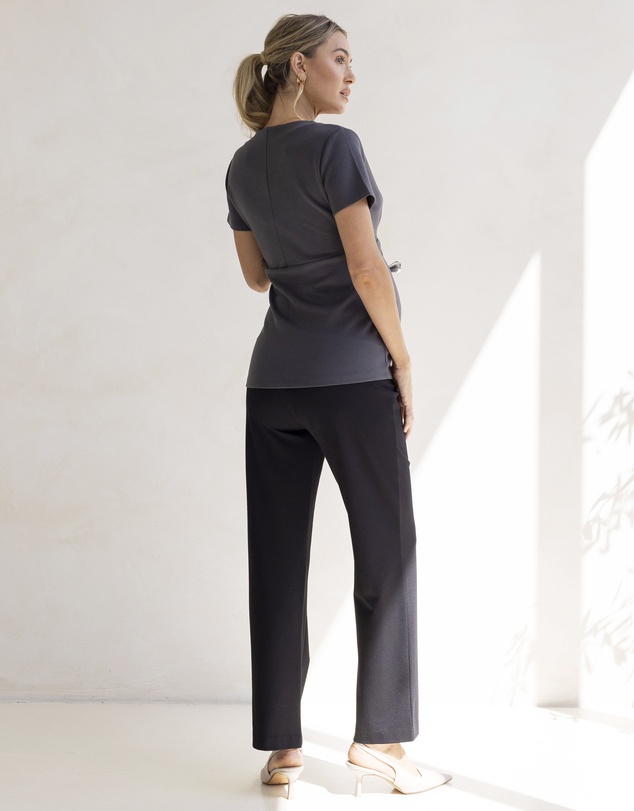 Angel Maternity - Sabine Soft Ponte Maternity V-Neck Work Top in Dark Grey