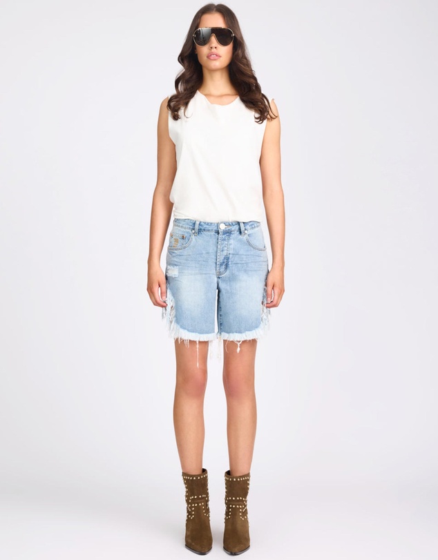 ONE TEASPOON - Frankies High Waist Long Length Denim Shorts - Santa Cruz Blue