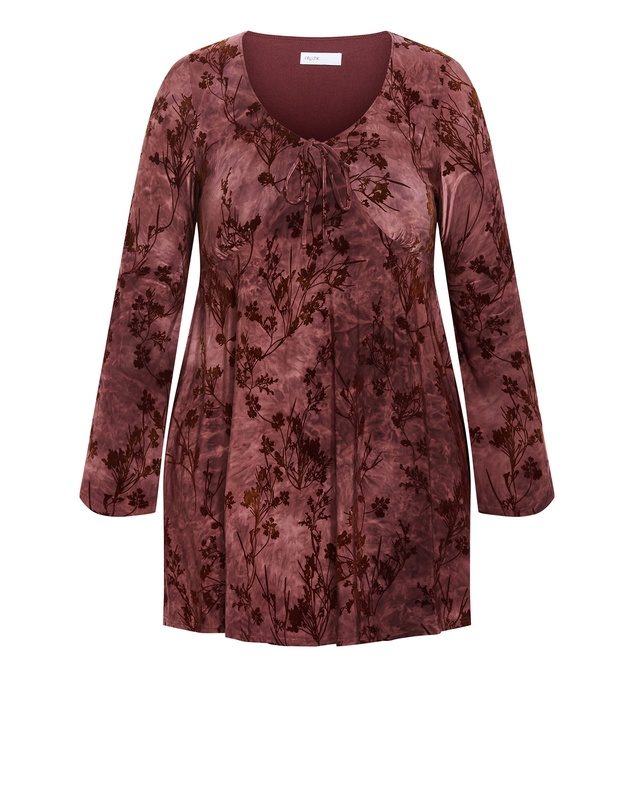 City Chic - Plus size Devore Flock Print Mini Dress - choc cherry