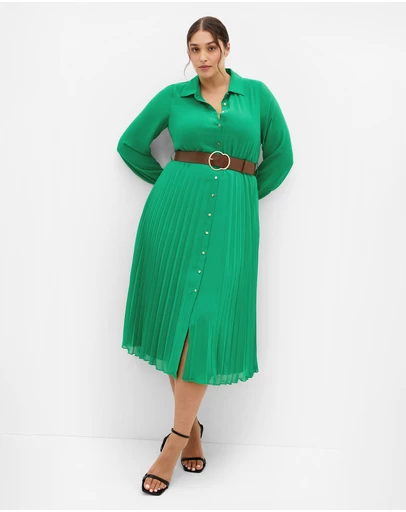 City Chic - Plus size Honey Lane Pleat Midi Dress - kelly green