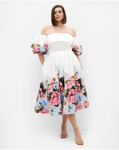 City Chic - Plus size Rosa Border Print Puff Sleeve Midi Dress - white