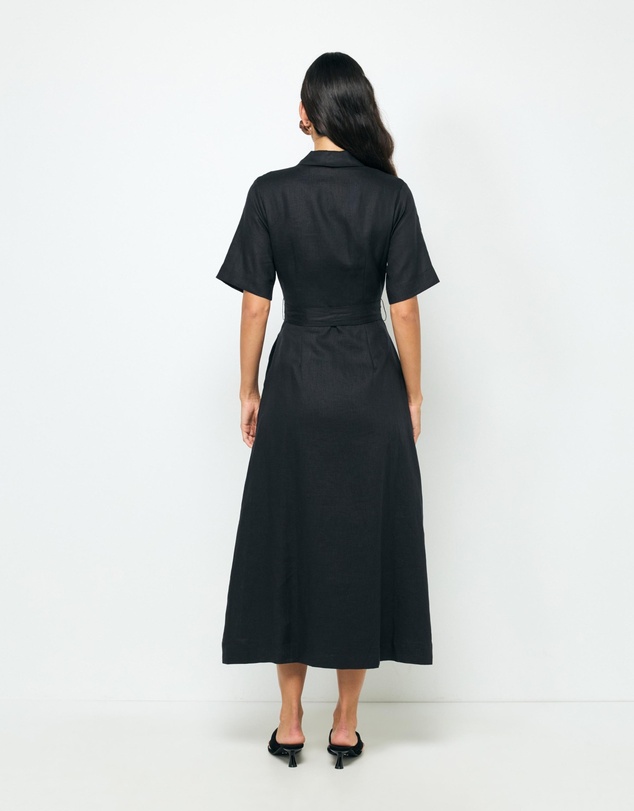 Revibe - Repaired AERE Orien Tuck Waist Linen Shirt Dress - AU 16