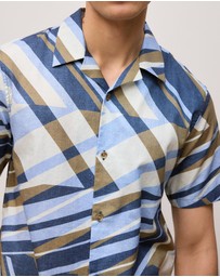 Trenery - Cotton Abstract Stripe Short Sleeve Shirt in Duck Egg Blue