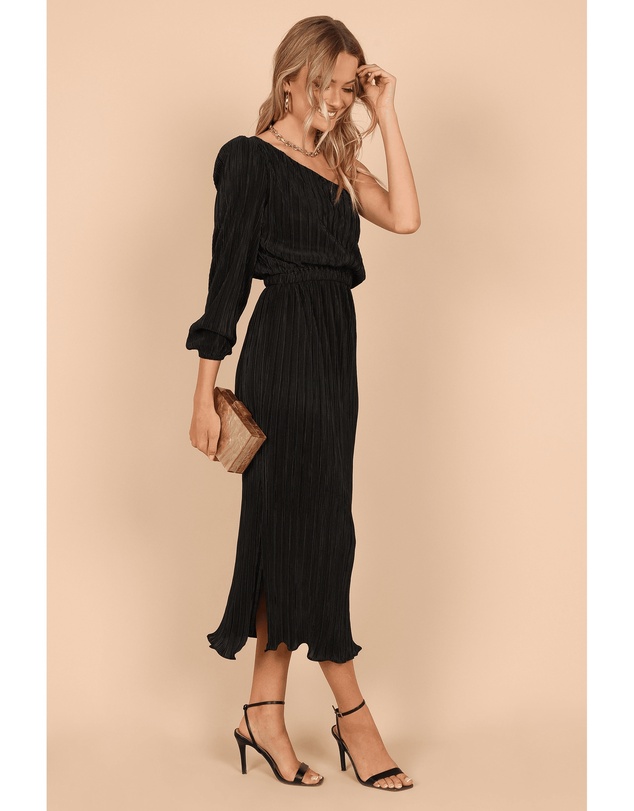 Petal & Pup - Pontee One Shoulder Pleated Midi Dress - Black