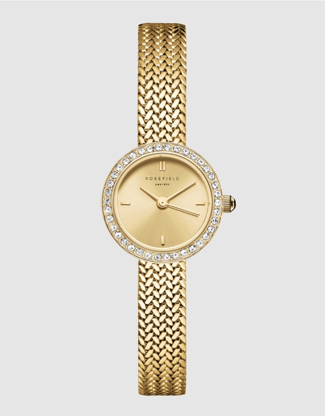 Rosefield - Mini Small Edit Champagne Dial Crystal Gold-Tone Woven Mesh Watch
