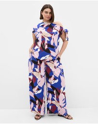 City Chic - Plus size Wild Fern Print Wide Leg Pant - cobalt blue