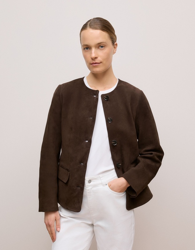 Trenery - Suede Collarless Jacket in Coffee Bean