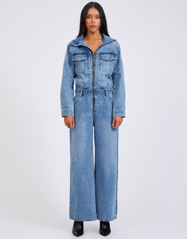 ONE TEASPOON - Charli Wide Leg Aviator Denim Jumpsuit - Pretty Blue