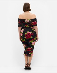 City Chic - Plus Size Dana Mesh Rose Print Dress - black