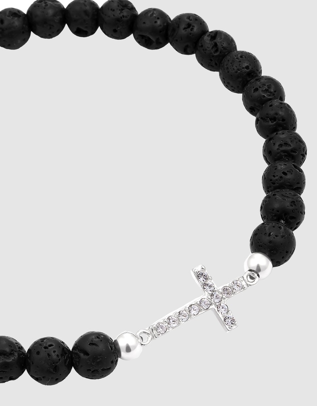 Kuzzoi - ICONIC EXCLUSIVE - Lava Bead Bracelet with Cross Charm in 925 Sterling Silver