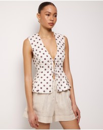 AERE - Polka Dot Linen Tie Front Top