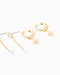 Lovisa - Gold Plated Cubic Zirconia Celestial Hoop & Chain Drop Earrings 4-Pack