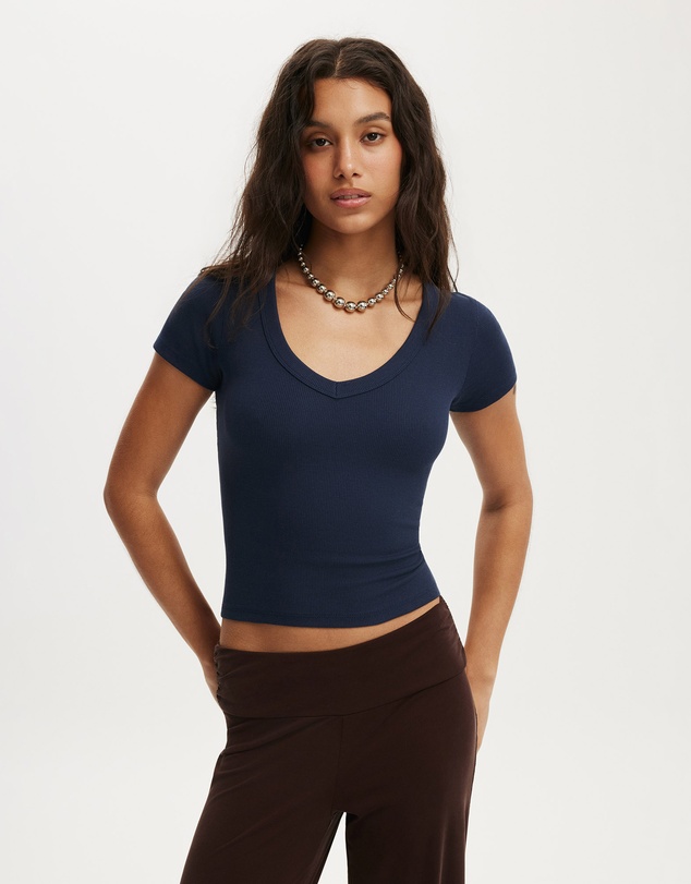 Cotton On - Goldie Rib V Neck Short Sleeve