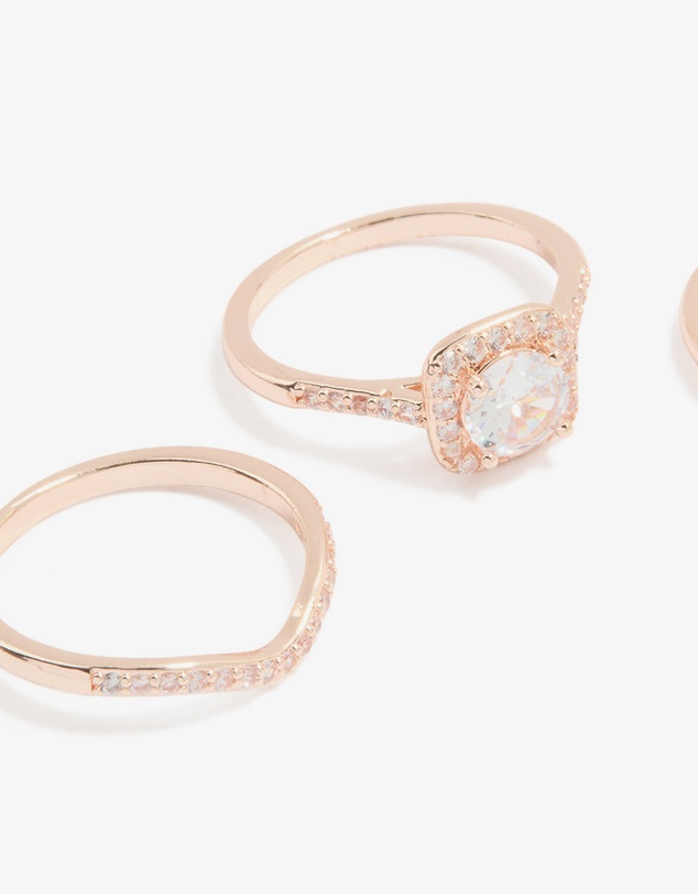 Lovisa - Rose Gold Cubic Zirconia & Pointed Rings 3-Pack