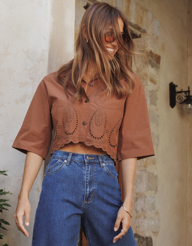 Petal & Pup - Williams Cropped Eyelet Button Up Shirt - Brown