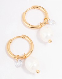 Lovisa - Waterproof Gold Plated Stainless Steel Classic Freshwater Pearl & Cubic Zirconia Huggie Earrings