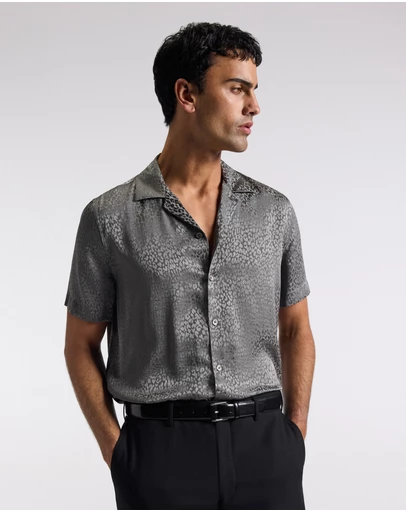 Calibre - Leopard Camp Collar Silk Shirt Zinc