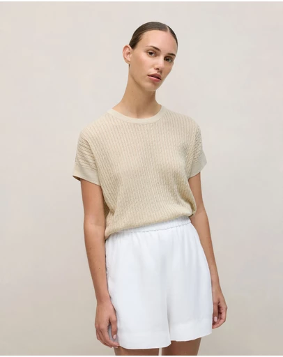 Trenery - Linen Cotton Cable Knit T-shirt in Flax