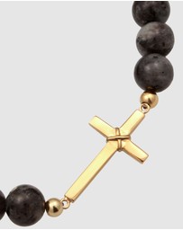 Kuzzoi - ICONIC EXCLUSIVE - Bracelet Male Cross Grey Lavakite 925 Sterling Silver Gold Plated