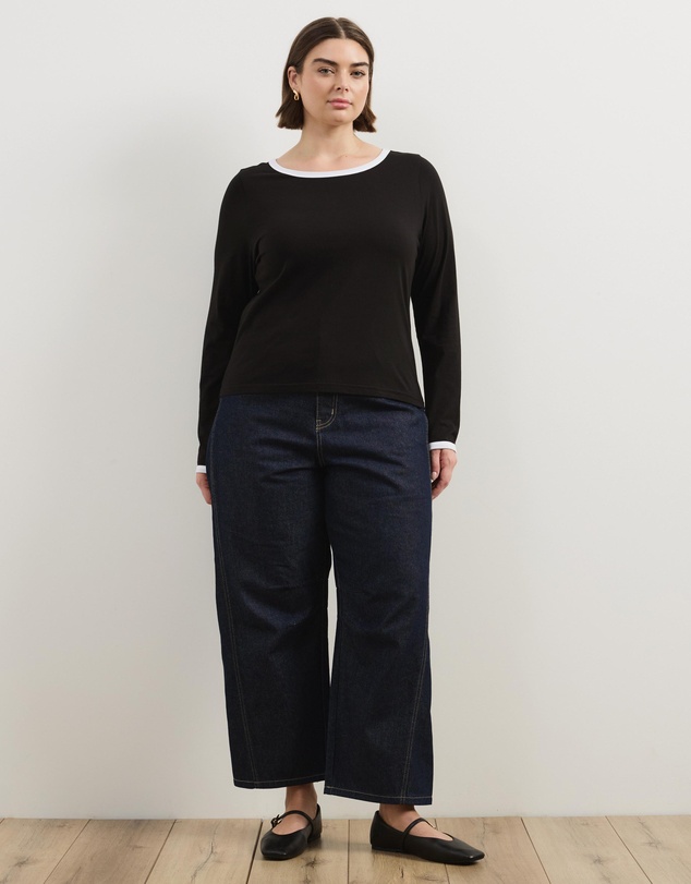 Atmos&Here Curvy - Contrast Long Sleeve Organic Cotton T-Shirt