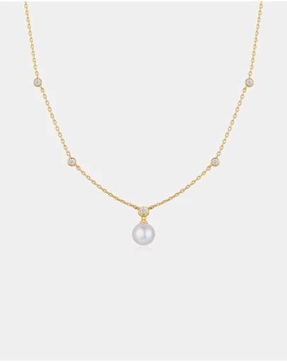 Ania Haie - Gold Bezel-Set Station Necklace with Shell Pearl Pendant
